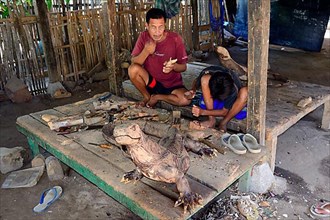 Father and son carving Komodo dragons out of wood