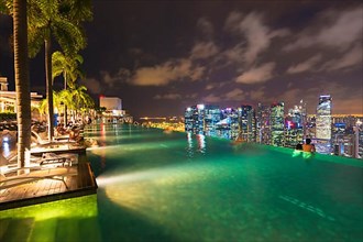 The city's central financial district at night as seen from the infinity pool of the Marina Bay Sands Hotel
