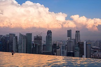 The city's central financial district at sunrise as seen from the infinity pool of the Marina Bay Sands Hotel