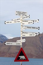 Signpost and Polar Bear Warning Sign on Spitsbergen