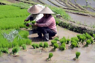 Women sorting rice seedlings