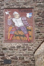 Mural of the hero Remigius Mans alias giant Romaeus as a knight with lance and coat of arms at the Romaeus Tower in Villingen