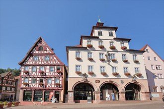 Half-timbered house with tourist information and town hall on the market square in Calw