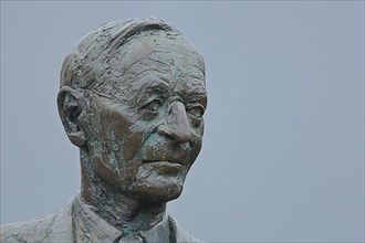 Detail of the statue of Hermann Hesse on the Nikolausbruecke in Calw