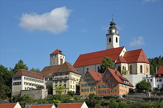 View of Collegiate Church and Schurkenturm in Horb am Neckar in Floessersteg