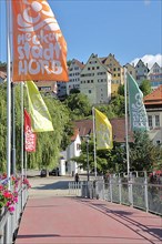 Flags at the raftsman's bridge of Horb with houses on the Neckar