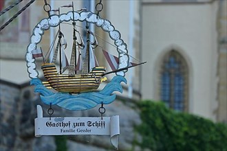 Nose sign of the Gasthof zum Schiff with model sailing ship in Horb am Neckar