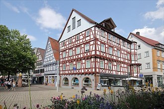 Half-timbered house in the pedestrian zone and market street in Nagold