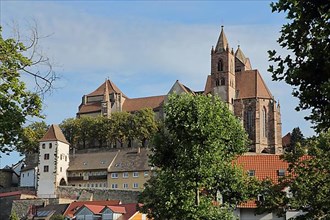 Romanesque St. Stephen's Minster as landmark and historic Hagenbach Tower on the Burgberg in Breisach