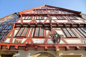 Half-timbered house in the main street built 16 century with view upwards in Bad Wimpfen