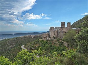 The Benedictine monastery of Sant Pere de Rodes is located in the Cap de Creus Natural Park 520 m above sea level. In the background is the Gulf of Roses on the northern Costa Brava. Cap de Creus