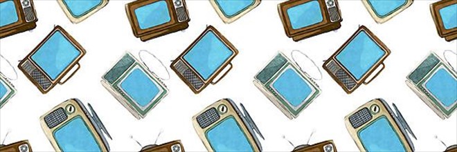 Retro style watercolor tv set pattern over white background