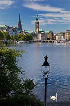 Inner Alster with swan and city skyline
