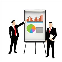 Two business men in suits and growth flip chart over white background