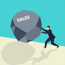 Business concept vector illustration of businessman pushing a big stone symbolizing raising sales on a growing market