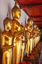 Standing golden Buddha statues close up. Wat Pho temple