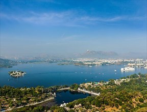 Aerial view of Lake Pichola with Lake Palace