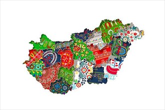 Hungaian regional map covered in hungarian embroidery symbols