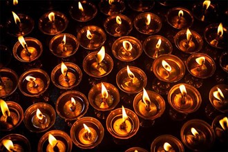 Burning candles in Tibetan Buddhist temple. Himachal Pradesh