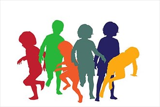 Silhouettes of children playing and running in colors