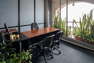 Empty office in a classic style with a large desk and a large window