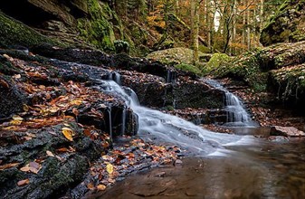 Landscape photograph of a small waterfall with stones and leaves in autumn