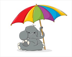 Cute elephant sit under colored umbrella. Vector illustration for clildren and baby clothes print. Baby shower template