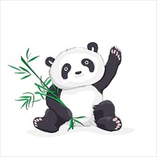 Vector sketch illustration of a panda bear waving hello and holding bamboo leaves