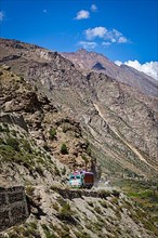 Manali-Leh road in Indian Himalayas with lorry. Himachal Pradesh