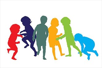 Silhouettes of children playing and running in colors