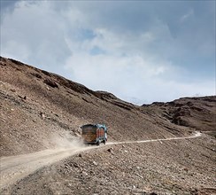 Manali-Leh Road in Indian Himalayas with lorry. Himachal Pradesh