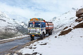 Manali-Leh road in Indian Himalayas with lorry. Himachal Pradesh