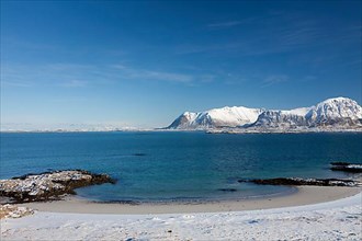 View over the beach and fjord at Eggum in winter