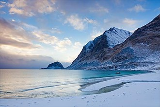 Beach at Haukland in the snow in winter