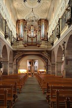 Interior view with organ of the Gothic Minster in Villingen