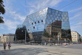 Modern university library with reflection in the stained glass windows in Freiburg