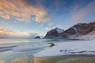 Beach at Haukland in the snow in winter