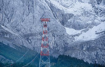Electricity pylons with mountains and snow