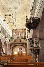 Interior view with organ and pulpit of the Gothic Minster in Villingen
