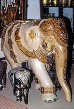 Handicraft Artistically carved elephant for sale in a handicrafts emporium at Bengaluru Bangalore
