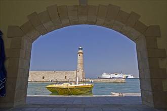 View of the old Venetian lighthouse in Rethymno on the Greek island of Crete