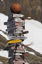 Signposts with indications of civilisation at the weather station and research base on Jan Mayen Island