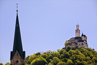 Church tower and Marksburg Castle