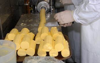 Workers cutting butter pats