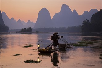 Traditional fisherman with trained cormorants standing on a bamboo raft at sunrise on a river in the karst area