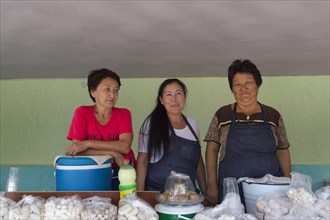 Group of Kazakh woman behind their stand with goat cheese and kumis