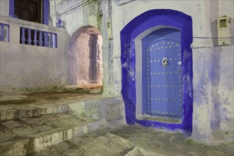 Blue door in nocturnal city alley