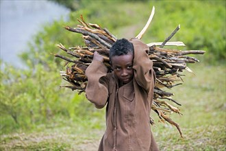 Close-up portrait of a Malagasy child carrying a bundle of firewood on his back