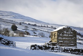 View of snow covered upland farmland with stone barn and drystone walls