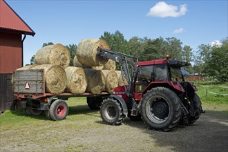 Loading round bale of hay into hayloft with front loader bale spike on Case tractor